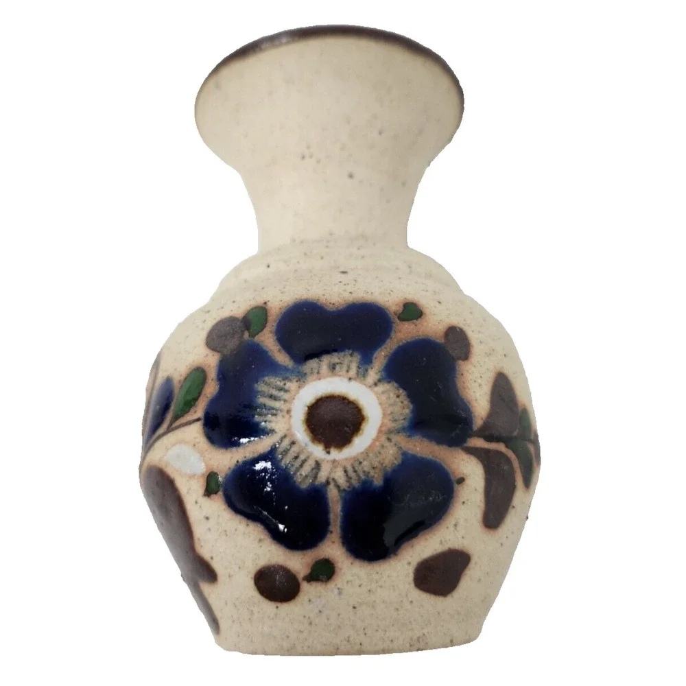 Vintage Tonala Pottery Hand Painted Floral Sandstone Bud Vase Mexican Folk Art